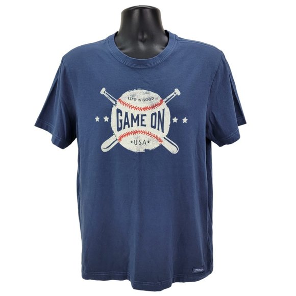 Life is Good Men's Medium Baseball T Shirt Game On Short Sleeve Crusher Tee Blue - Picture 1 of 6